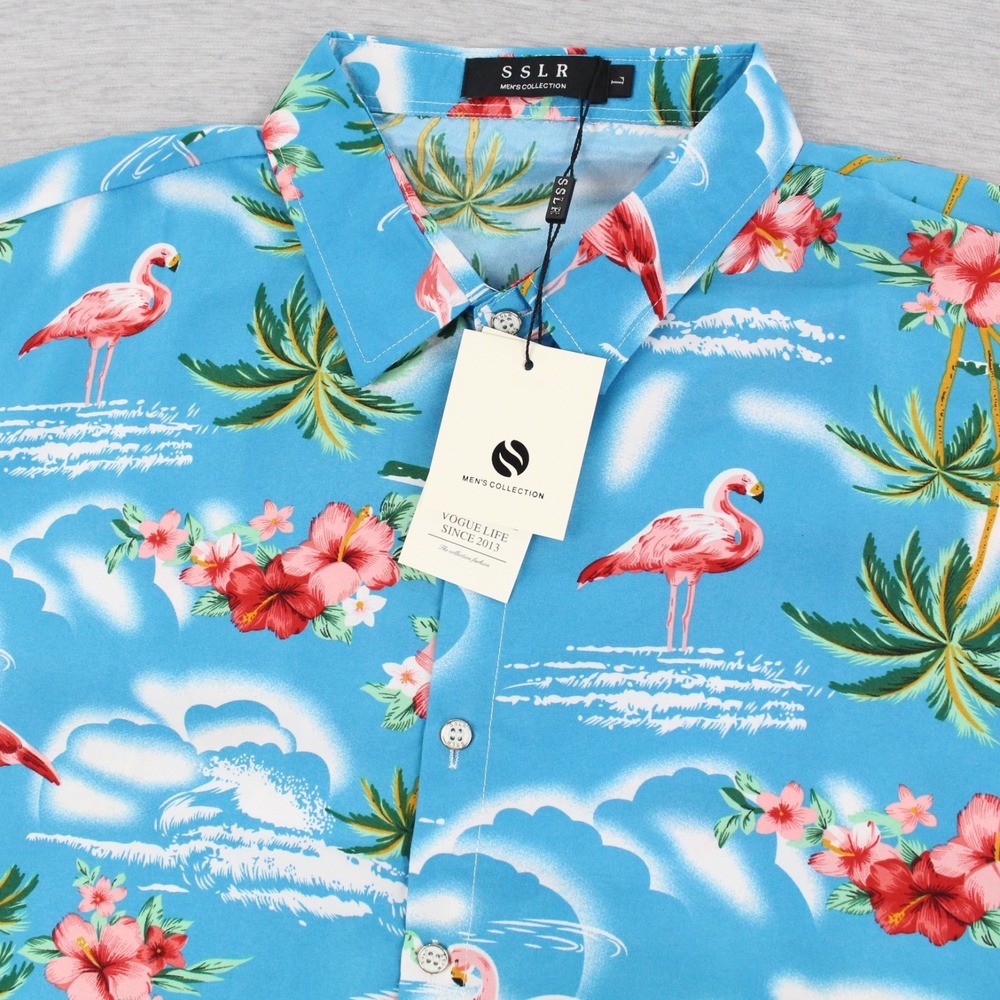 SSLR Hawaiian Shirt Mens Size L Blue Polyester Short Sleeve NEW